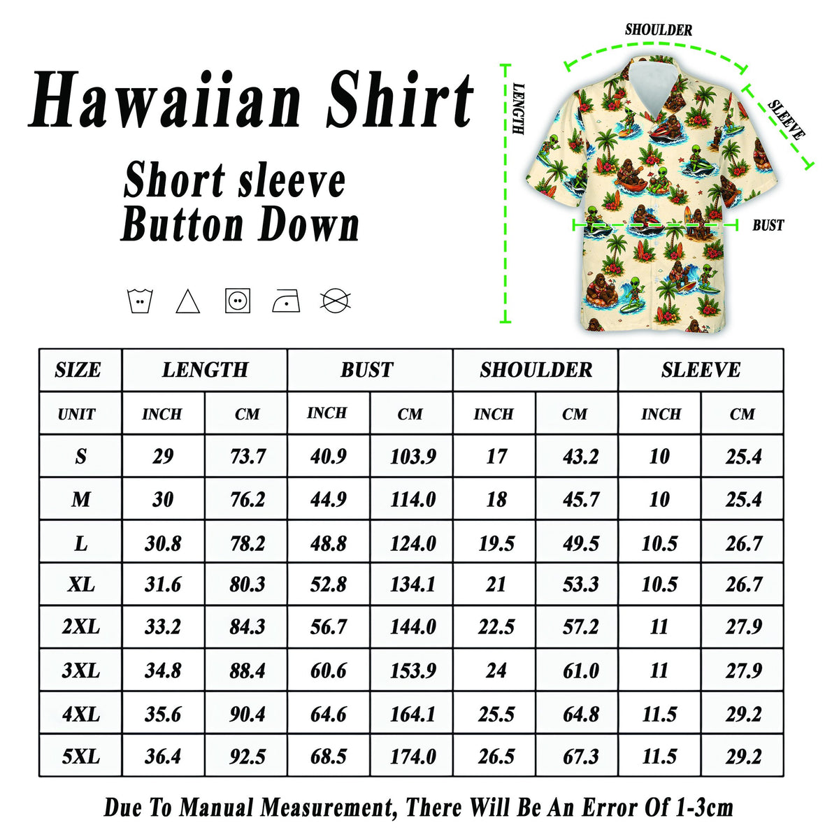 Close-up detail of the Bigfoot and alien beach activities on the Hawaiian shirt