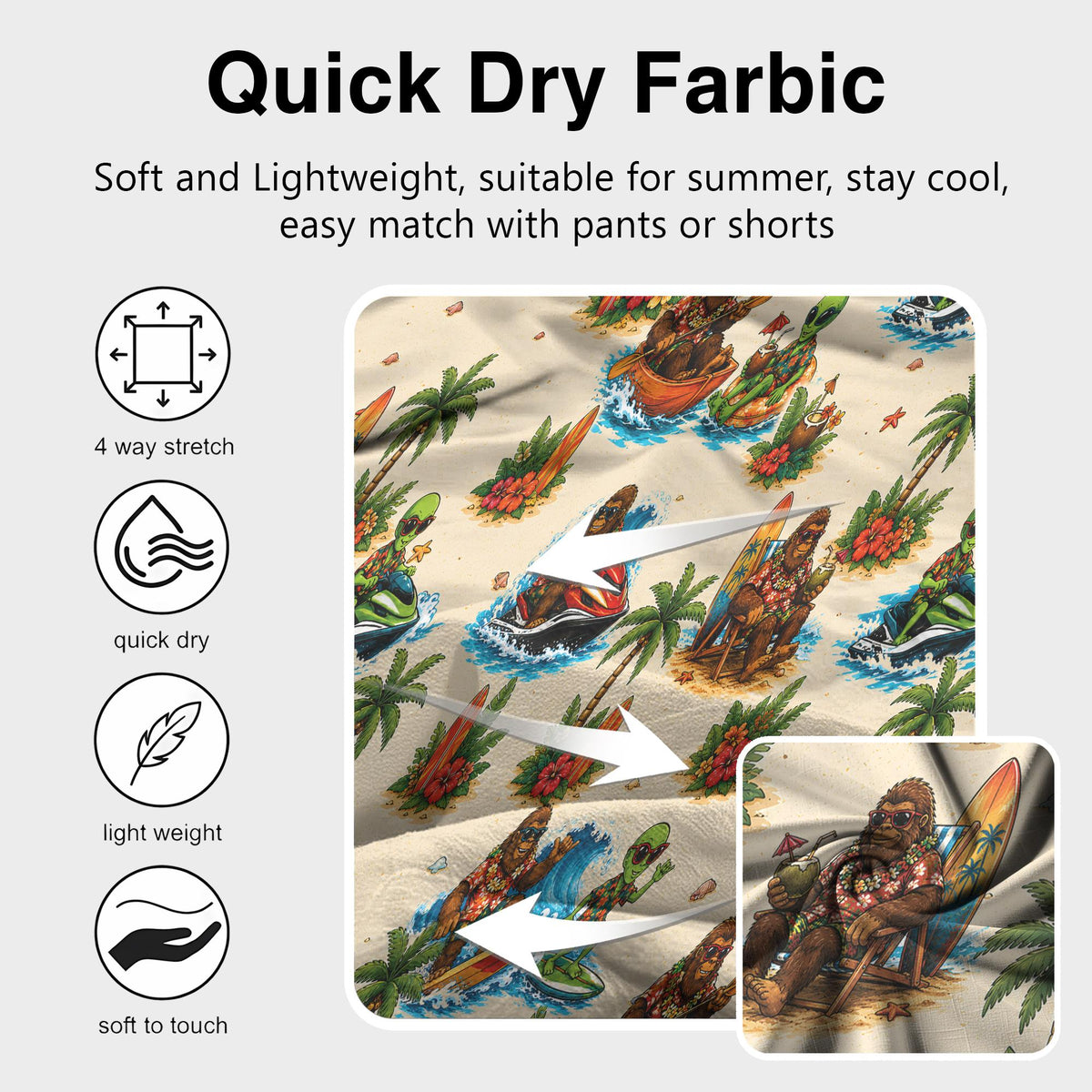 Detail view of the tropical Bigfoot alien Hawaiian shirt fabric pattern