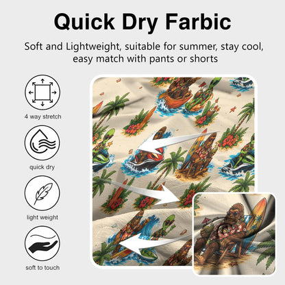 Detail view of the tropical Bigfoot alien Hawaiian shirt fabric pattern
