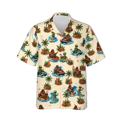 Tropical Bigfoot Alien Hawaiian Shirt featuring fun beach activities, front view
