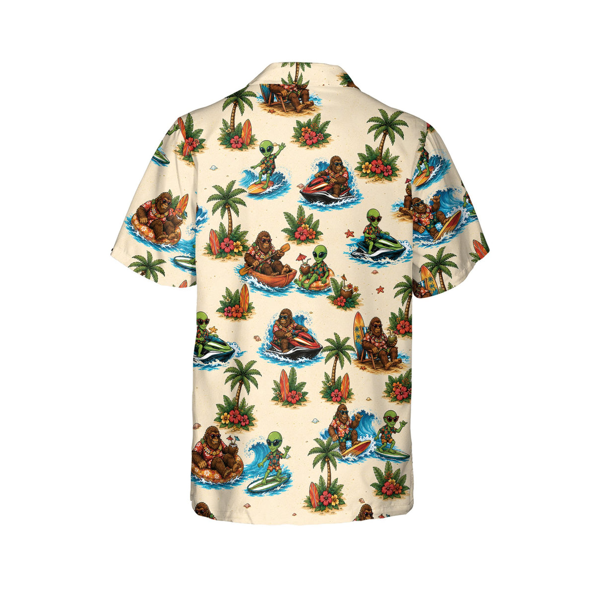 Second lifestyle view of the fun tropical Bigfoot alien Hawaiian shirt