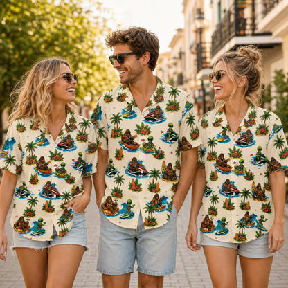 Lifestyle view of a person wearing the tropical Bigfoot alien Hawaiian shirt