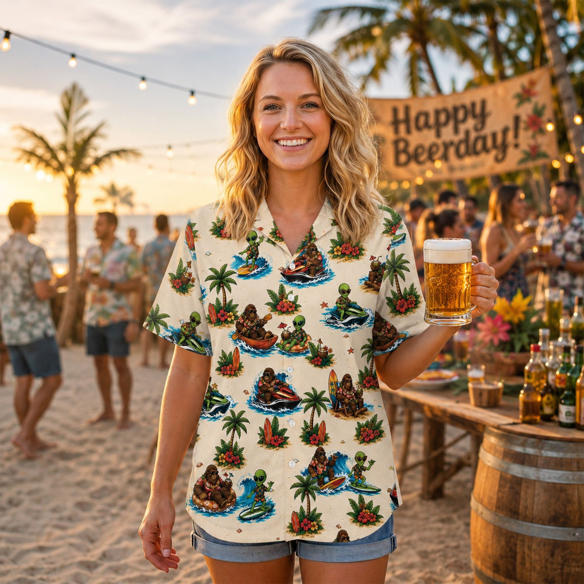 Third lifestyle view showing the tropical Bigfoot alien Hawaiian shirt outdoors