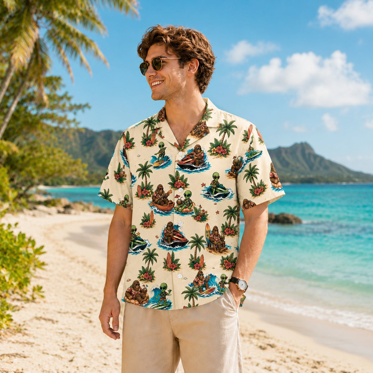 Additional view of the folded tropical Bigfoot alien Hawaiian shirt
