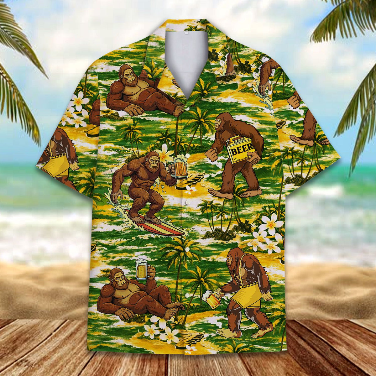 Tropical bigfoot and beer hawaiian shirt, front view details