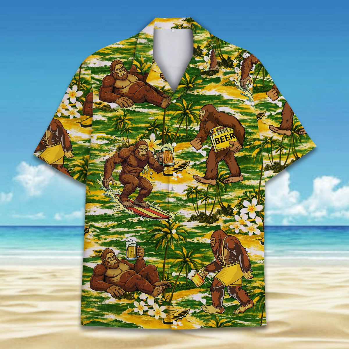 Tropical bigfoot and beer hawaiian shirt, close up front