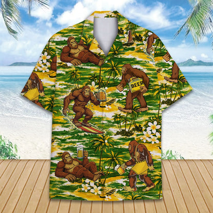 Tropical bigfoot and beer hawaiian shirt, button details front