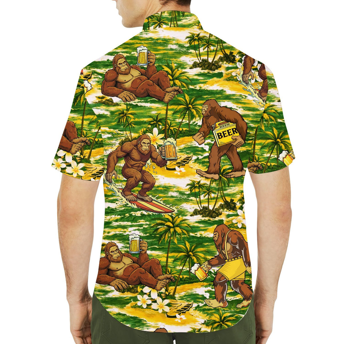 Person wearing tropical bigfoot and beer hawaiian shirt outdoors, lifestyle view