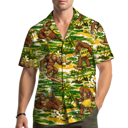 Person wearing tropical bigfoot and beer hawaiian shirt, lifestyle view