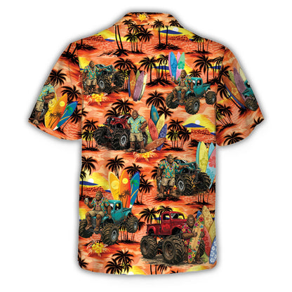 Back view of the tropical bigfoot hawaiian shirt with vibrant sunset colors