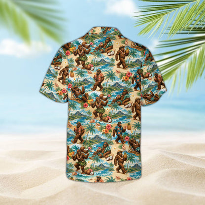 Back view of the beige tropical hawaiian shirt with bigfoot vacation pattern
