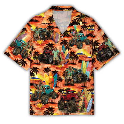Front view of the tropical bigfoot hawaiian shirt featuring a sunset design