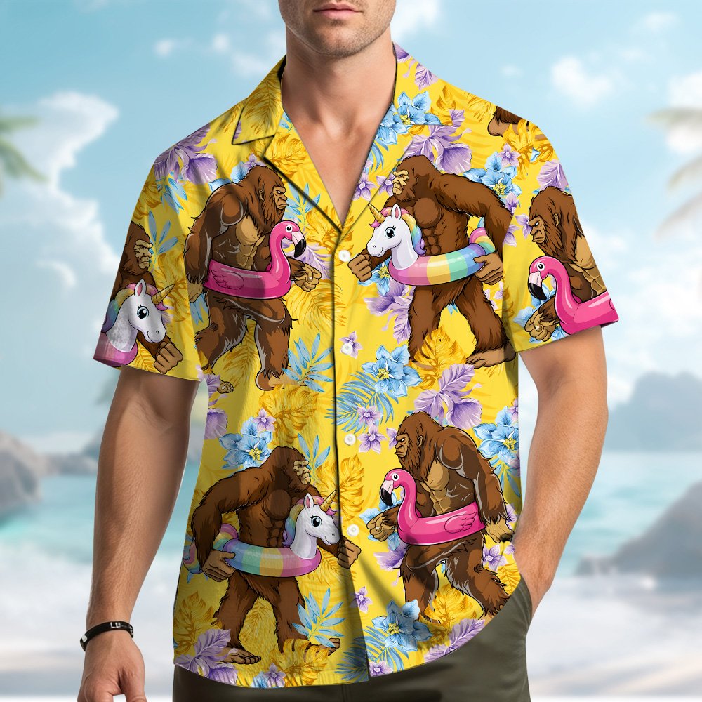 Close-up front view of the bigfoot hawaiian shirt showing vibrant colors
