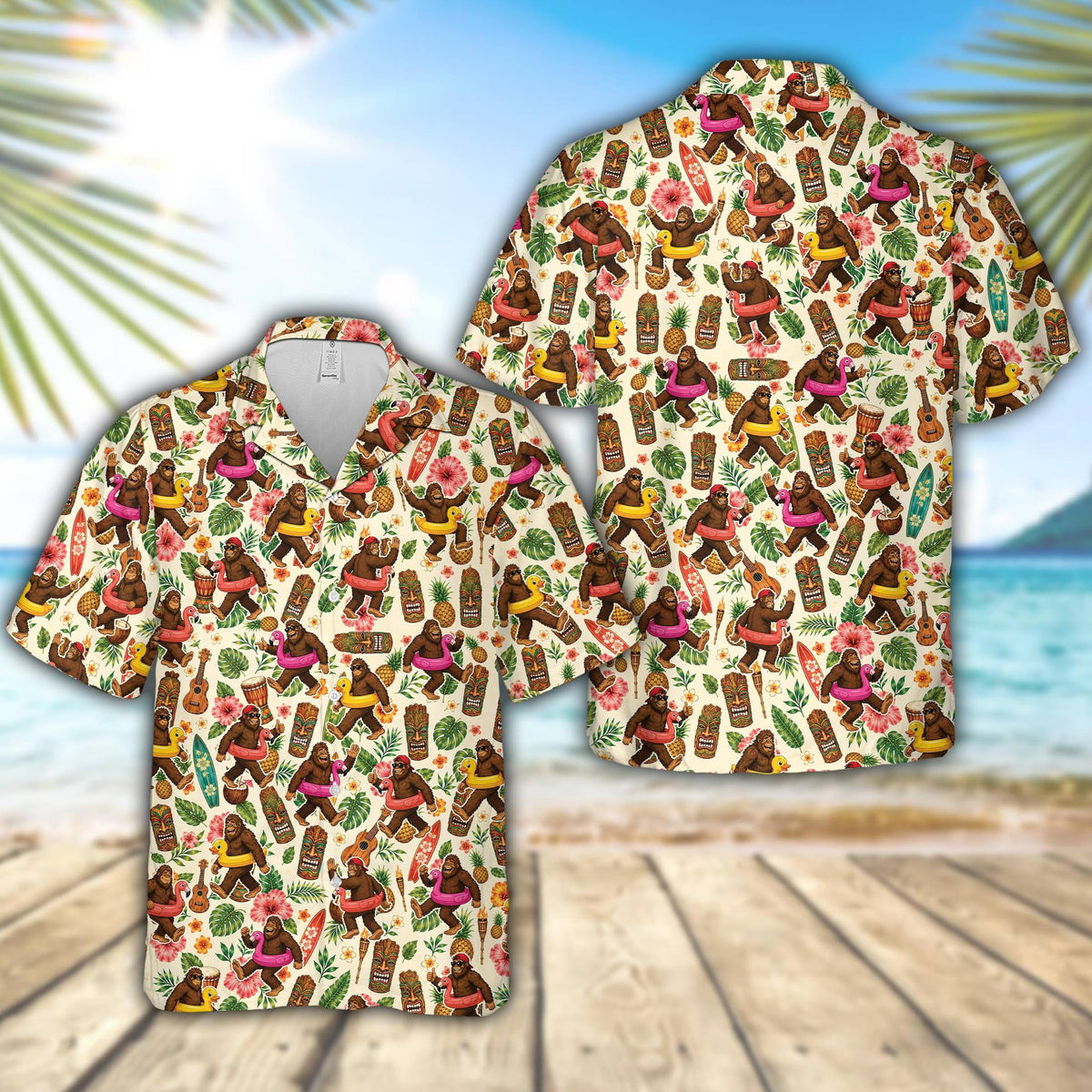 Matching family hawaiian shirts featuring a beige tropical hawaiian shirt with Bigfoot and pineapple print, main view