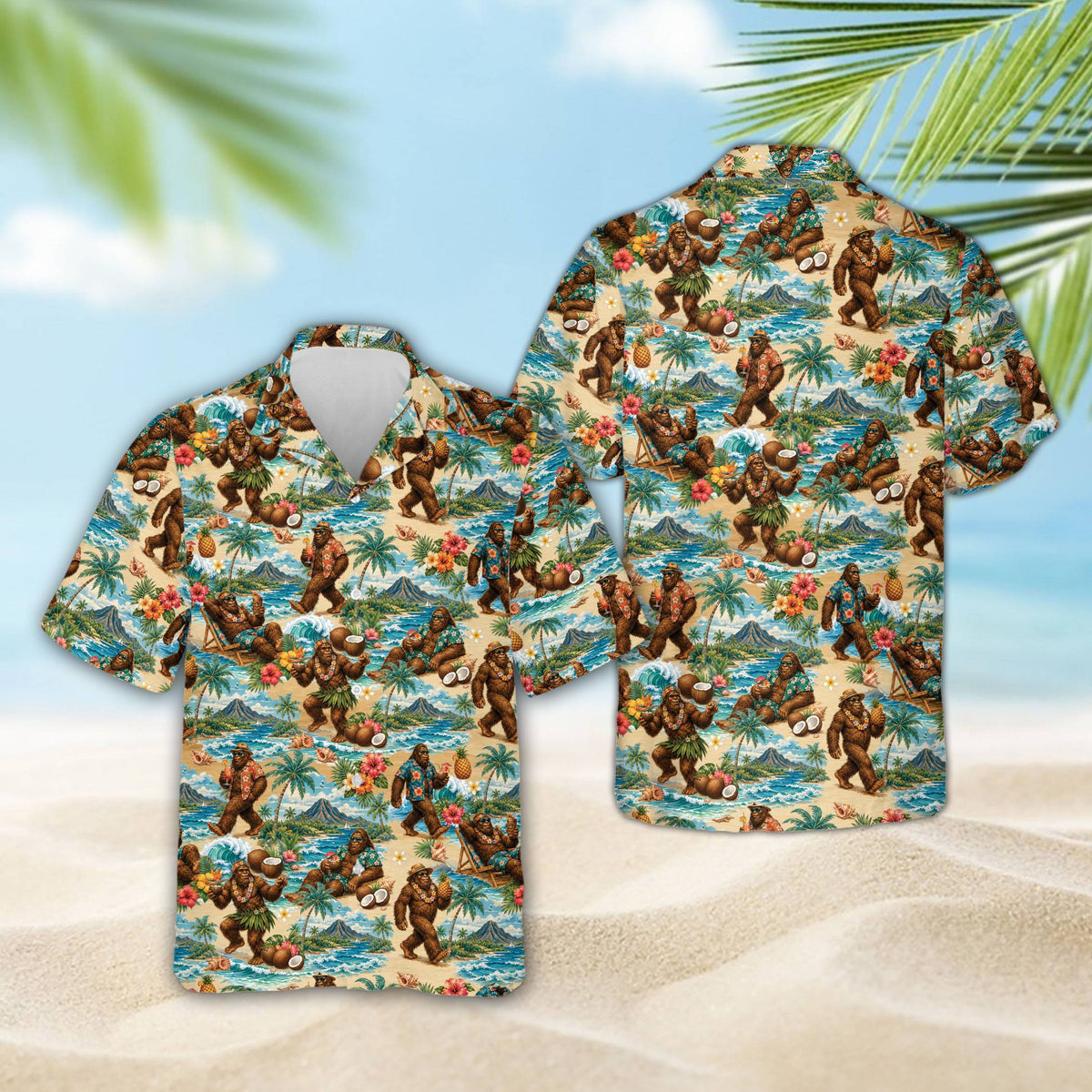 Tropical bigfoot hawaiian shirt featuring Bigfoot surfing and relaxing, main view