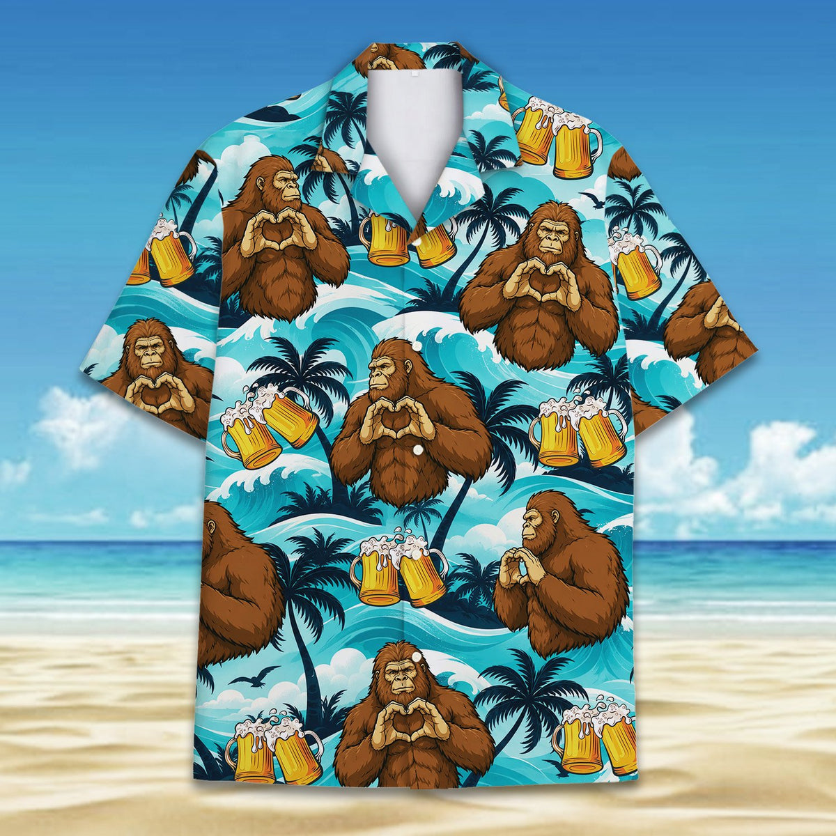 Front view of tropical bigfoot hawaiian shirt design