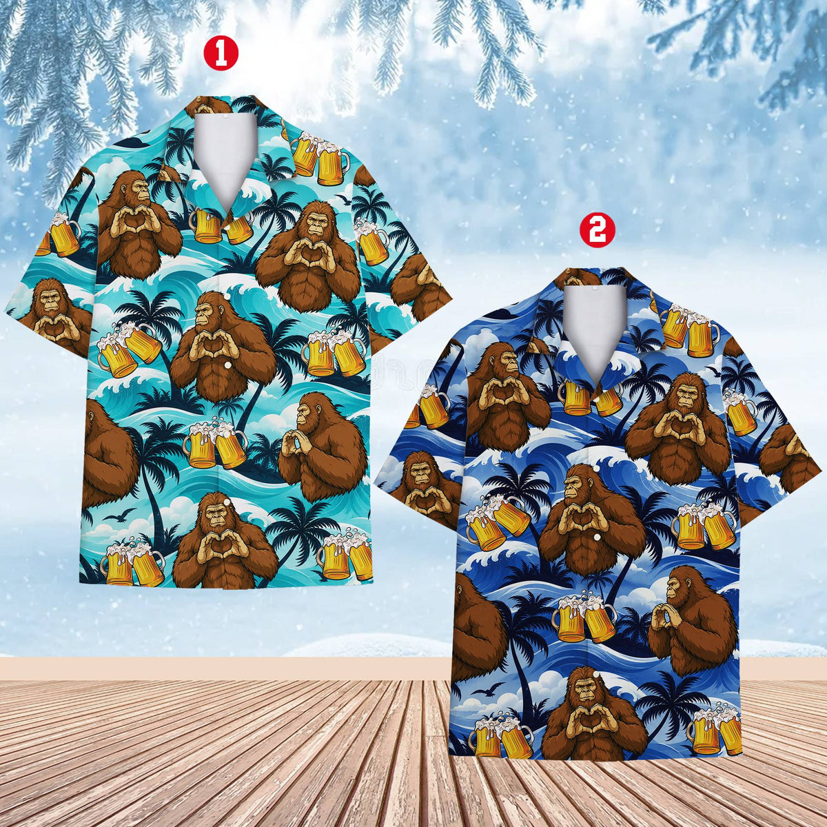 Front view of tropical bigfoot hawaiian shirt