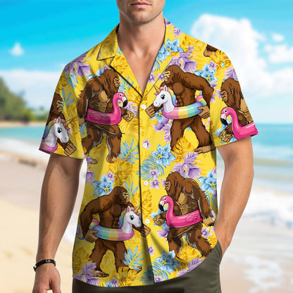 Matching family hawaiian shirts featuring a tropical bigfoot design on a yellow background