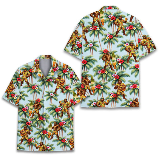 Tropical bigfoot hawaiian shirt main view with fun Bigfoot and surfboard print on light blue