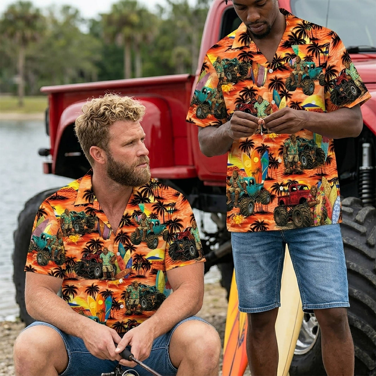 Lifestyle view of the matching family hawaiian shirts outdoors