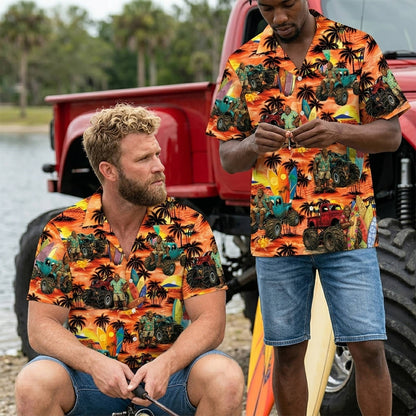 Lifestyle view of the matching family hawaiian shirts outdoors