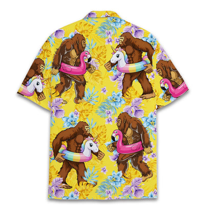 Lifestyle view of a person wearing the tropical bigfoot hawaiian shirt outdoors
