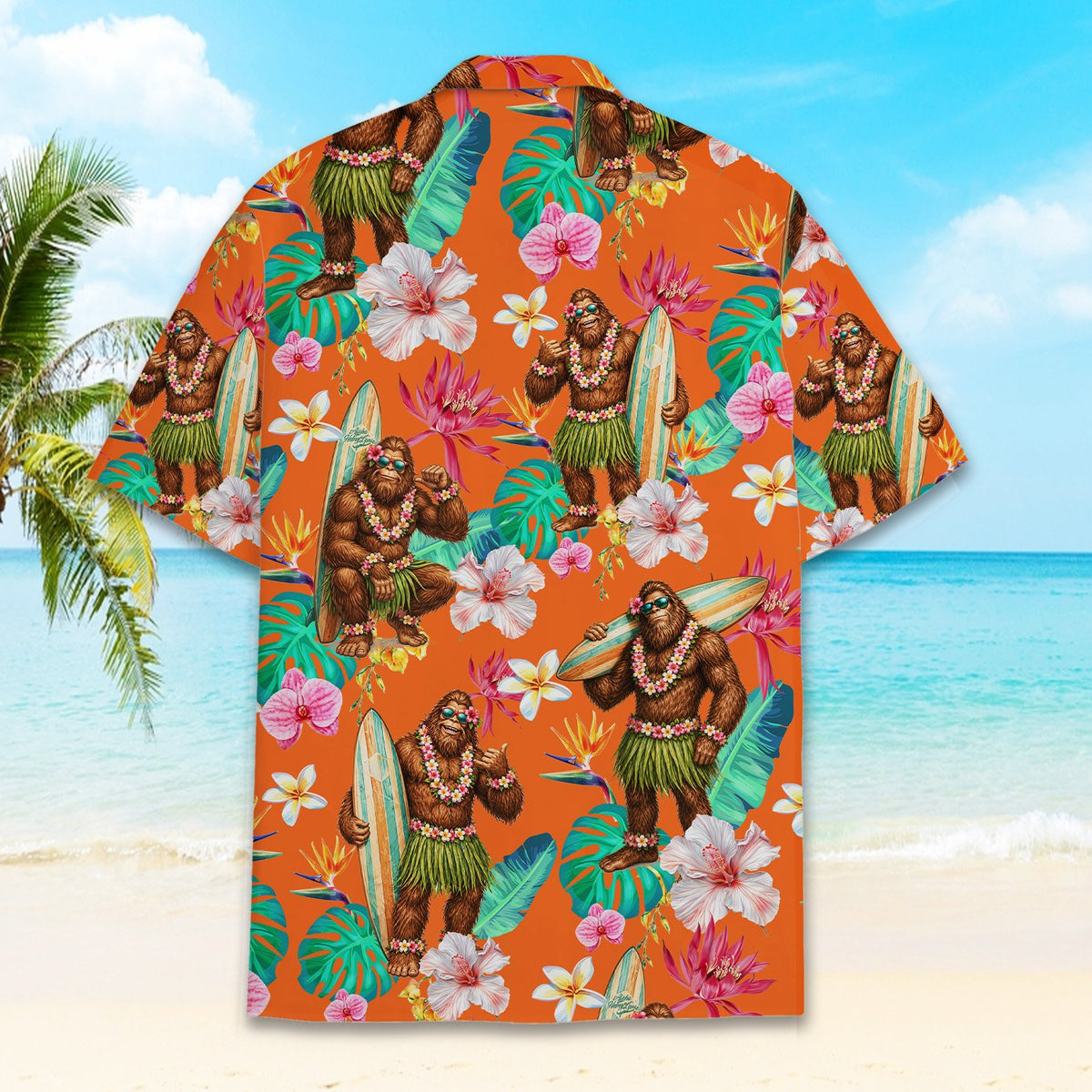 Alternative back view of the matching family Hawaiian shirt with Bigfoot pattern