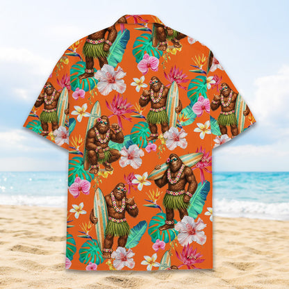 Close up back view of the Bigfoot design on the orange Hawaiian shirt