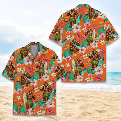 Main view of the vibrant orange tropical Bigfoot Hawaiian shirt
