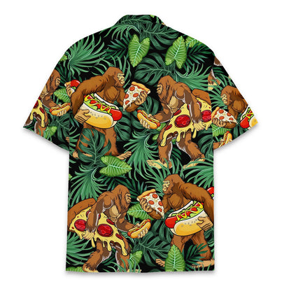 Back view of the tropical bigfoot pizza hotdog hawaiian shirt