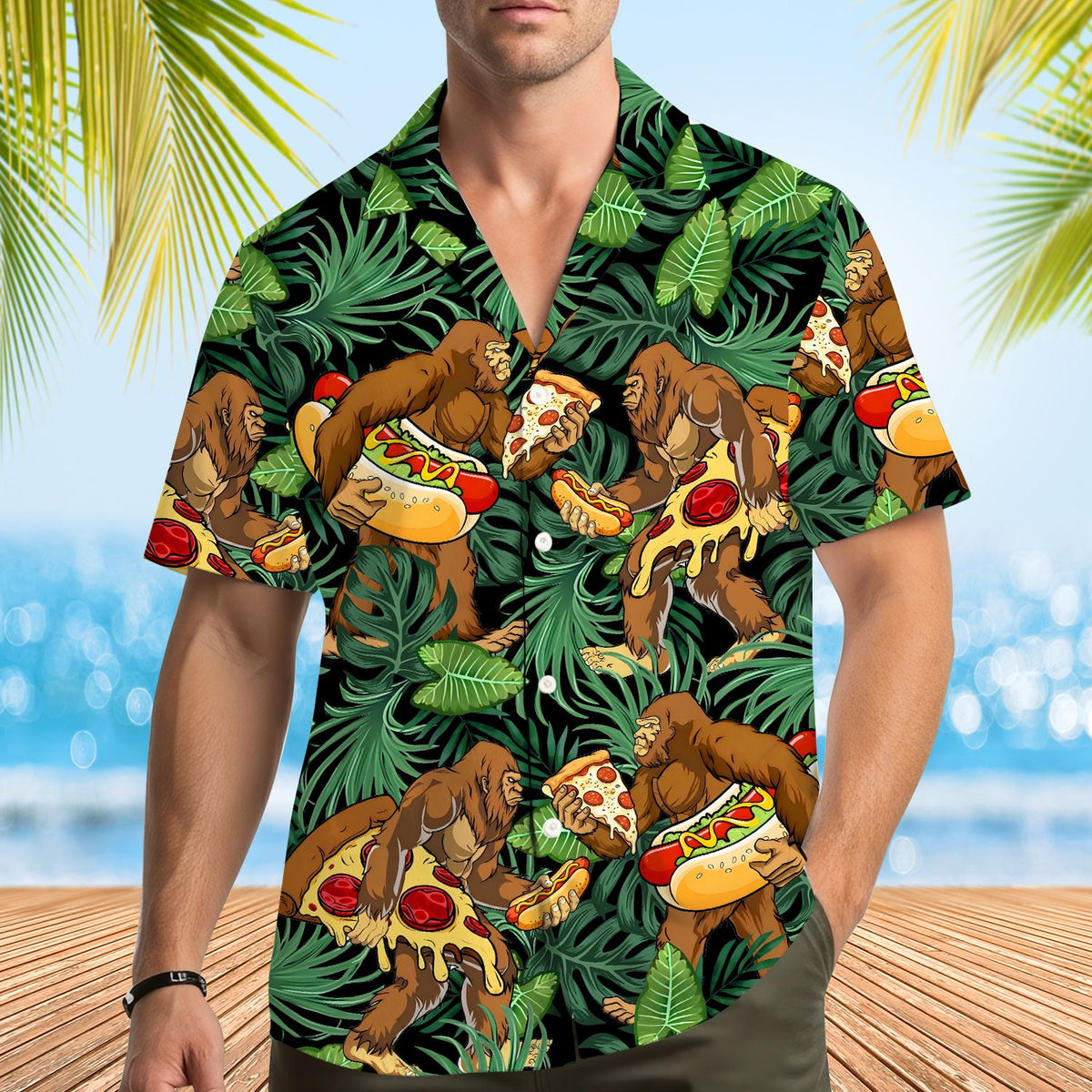 Lifestyle view showing the bigfoot and hotdog design in a casual setting