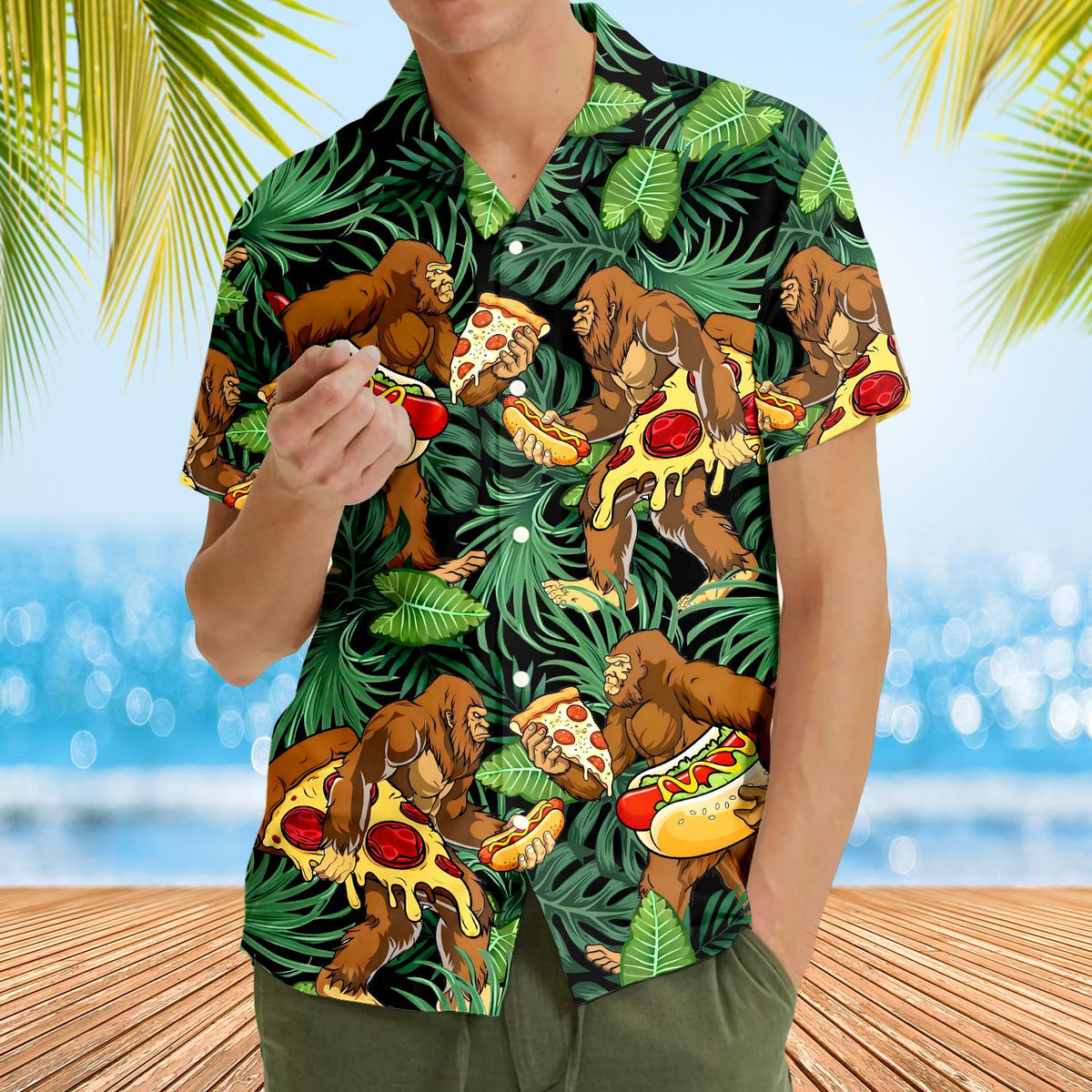 Fourth lifestyle view showing how the bigfoot pizza hawaiian shirt looks when worn