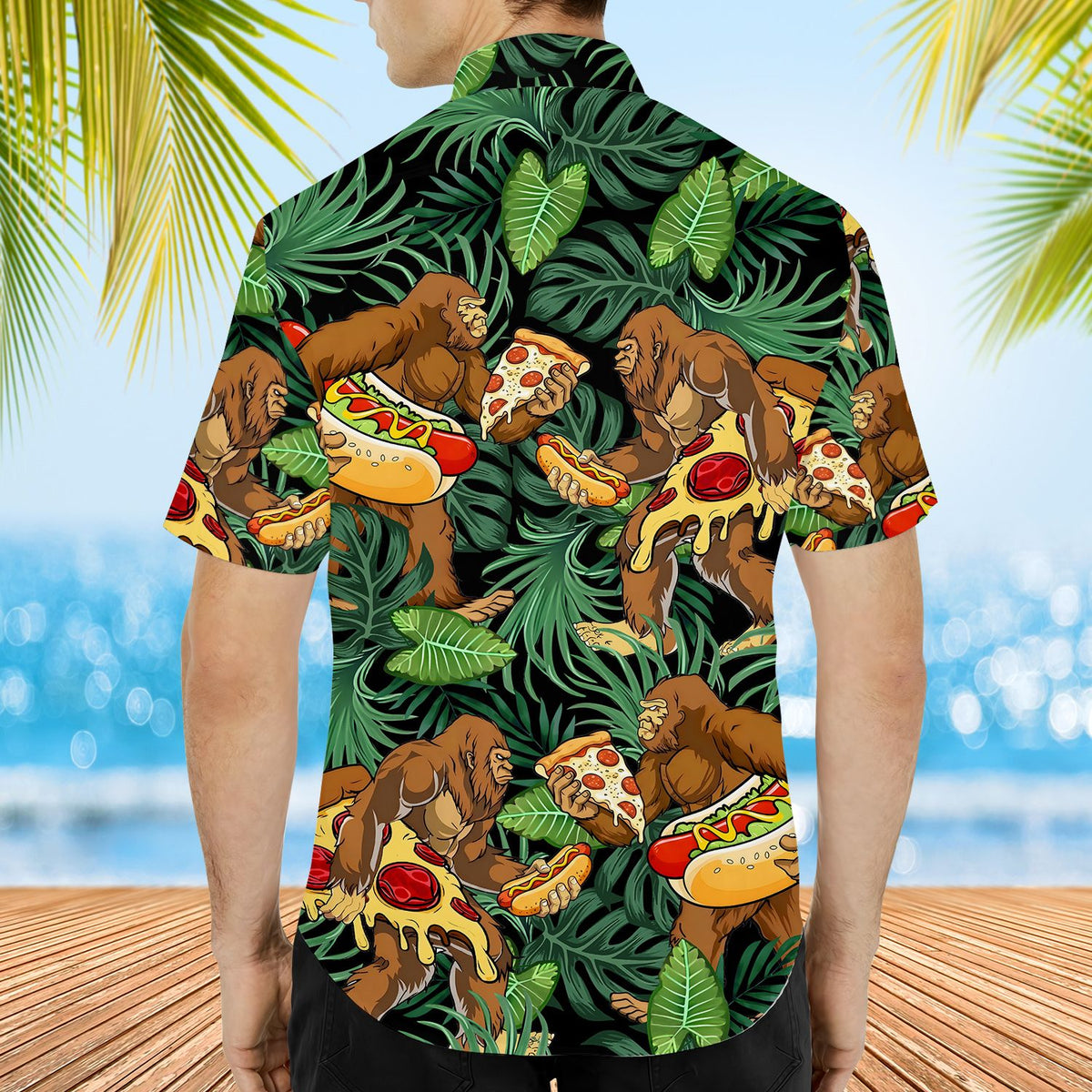 Sixth lifestyle view highlighting the vibrant print on the black hawaiian shirt