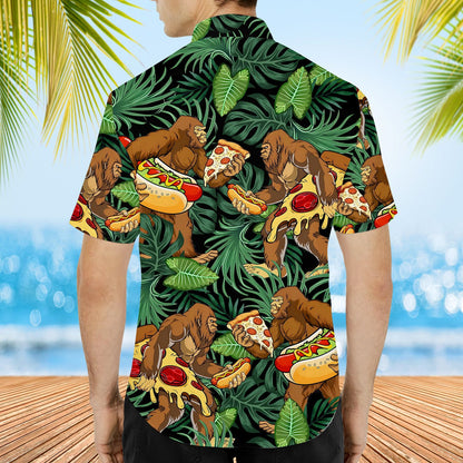 Sixth lifestyle view highlighting the vibrant print on the black hawaiian shirt