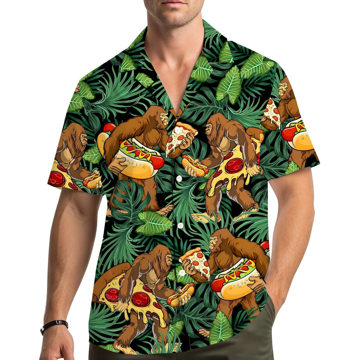 Lifestyle view of a person wearing the matching family hawaiian shirt outdoors