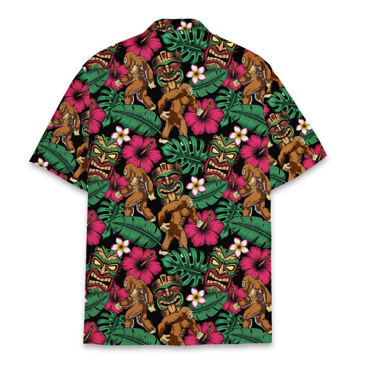 Tropical bigfoot tiki hawaiian shirt, back view showing all-over pattern
