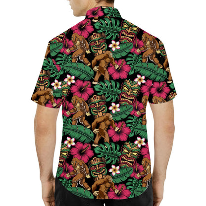 Lifestyle view of a person wearing the tropical bigfoot tiki hawaiian shirt
