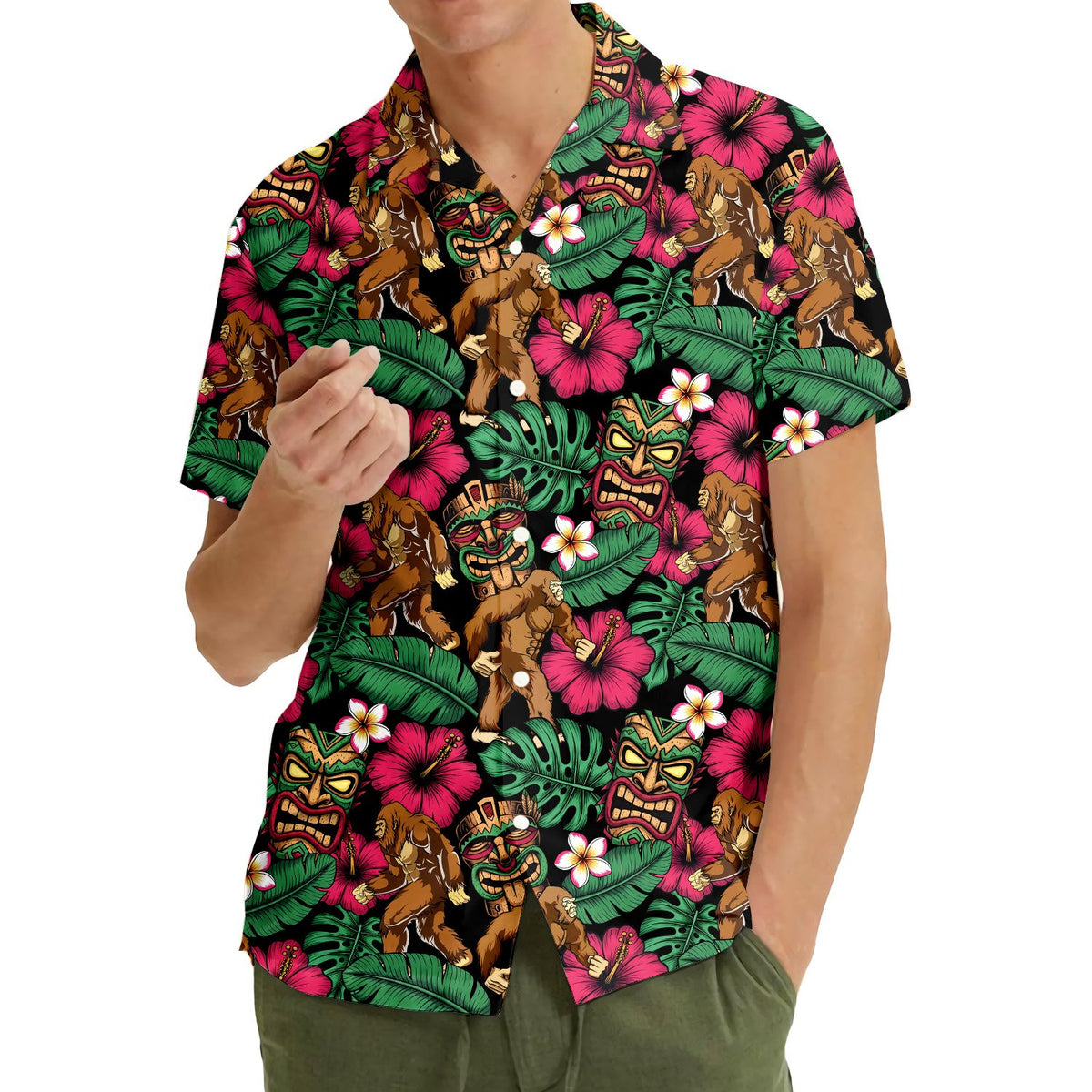 Matching family wearing the tropical bigfoot tiki hawaiian shirt outdoors