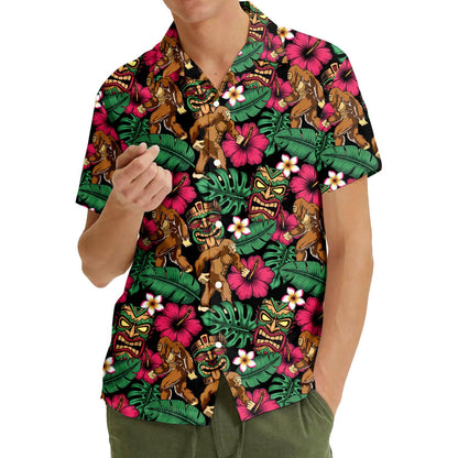 Matching family wearing the tropical bigfoot tiki hawaiian shirt outdoors