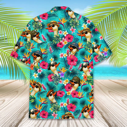 Tropical birds pattern matching family hawaiian shirt, back view