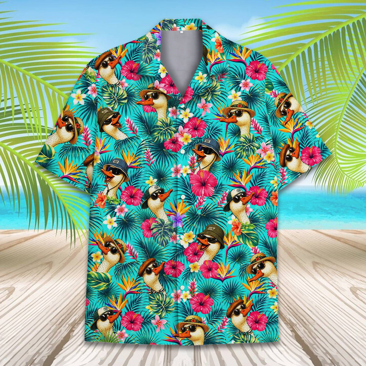 Detailed front view of turquoise tropical hawaiian shirt