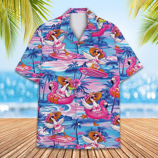 Tropical birds hawaiian shirt featuring surfing ducks pattern on a blue background