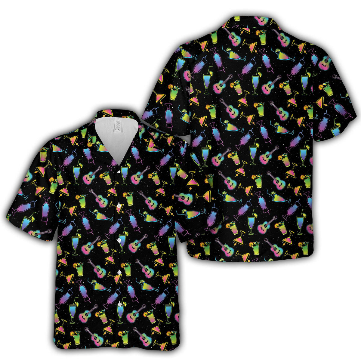 Black tropical hawaiian shirt with neon cocktails and guitars, front view