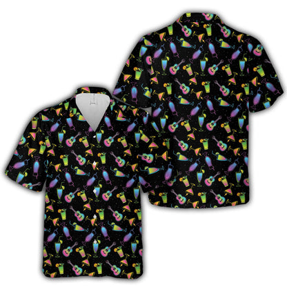 Front view of black matching family hawaiian shirt with neon drinks