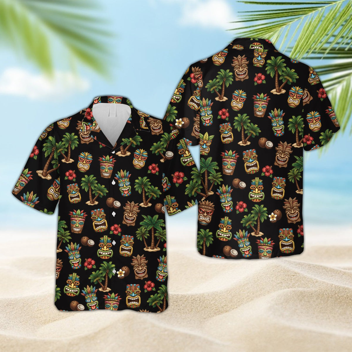 Black matching family hawaiian shirt with tropical tiki pattern, front view