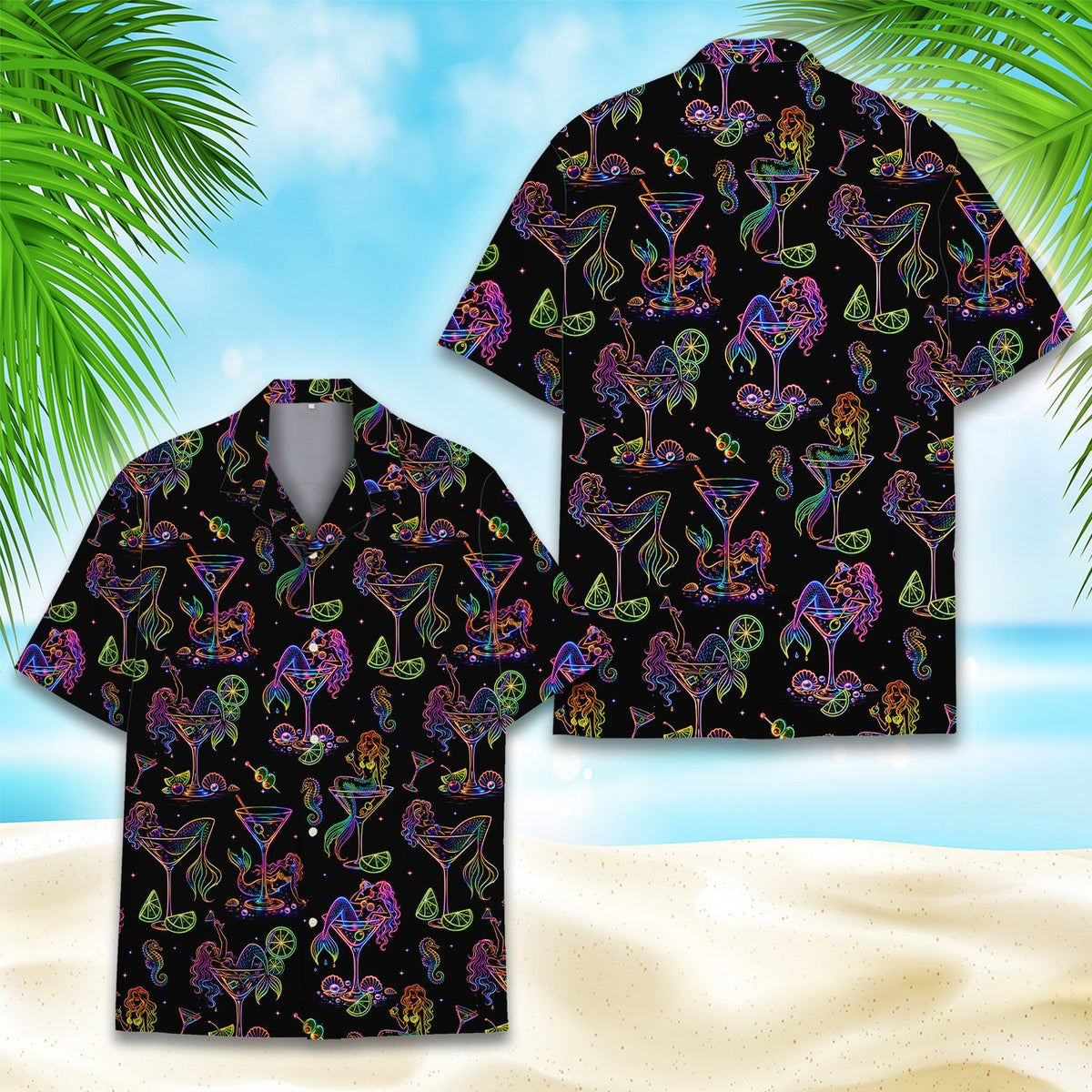 Black tropical hawaiian shirt, front view variation