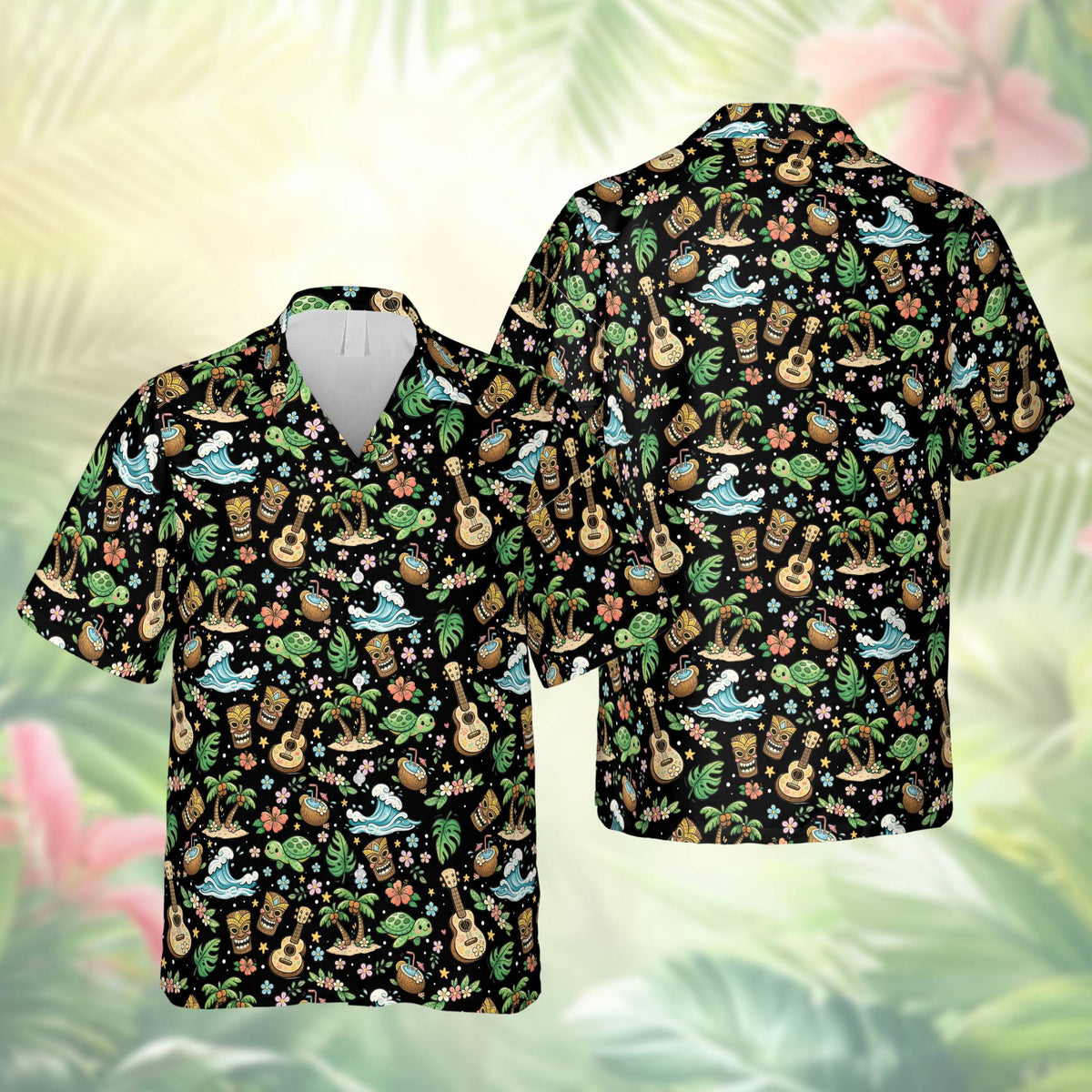 Tropical hawaiian shirt front view in black