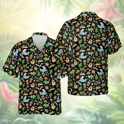 Tropical hawaiian shirt front view in black
