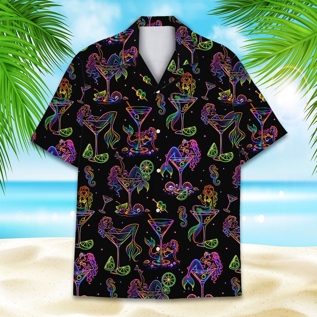 Tropical hawaiian shirt with neon mermaid martini pattern, main view
