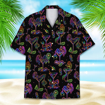Tropical hawaiian shirt with neon mermaid martini pattern, main view